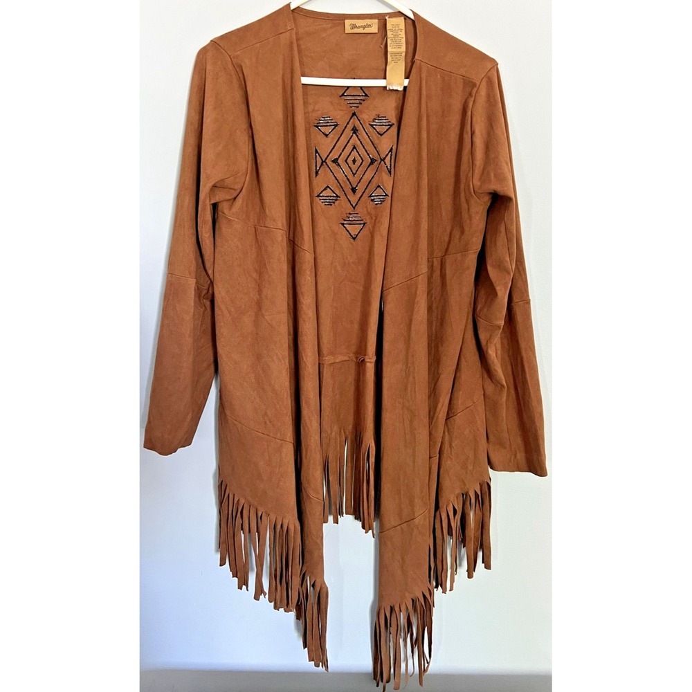 Wrangler Jacket Womens Small Fringe Faux Suede Aztec Embroidered Open Front